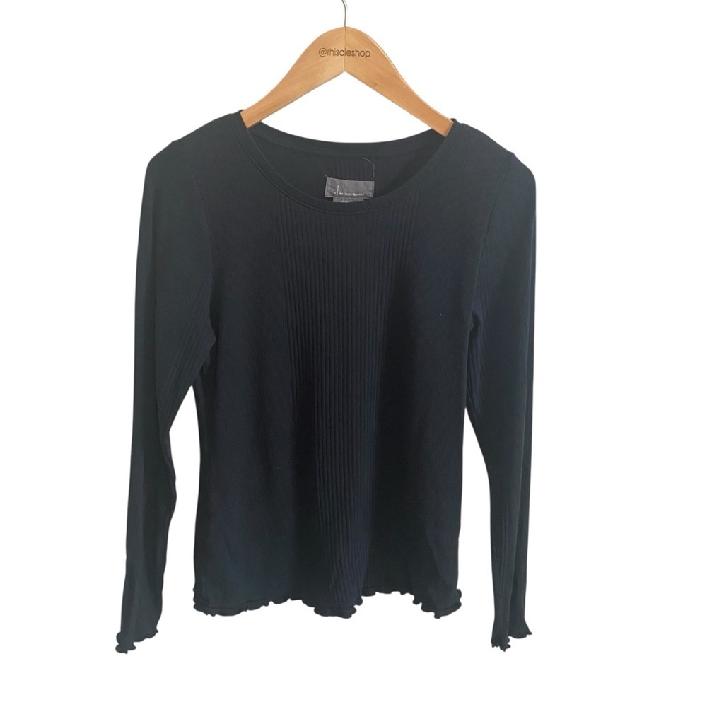 By Anthropologie Black Ribbed Elevated Basic Long Sleeve Lettuce Trim Shirt Med